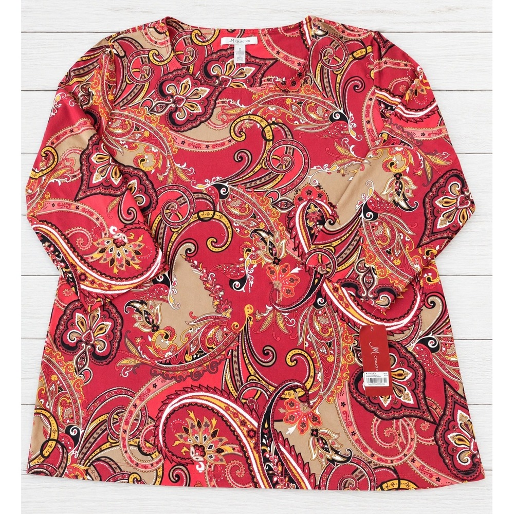 JM Collection Top Paisley 3/4 Sleeve Scoop Neck Stretch Red Blocked Plus XL NEW